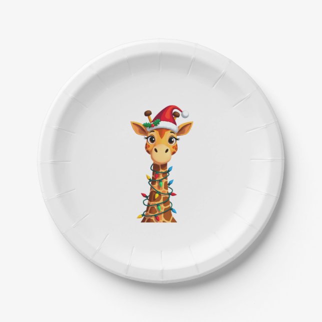 Cute Giraffe Christmas Lights Santa Hat Xmas Pajam Paper Plate (Front)