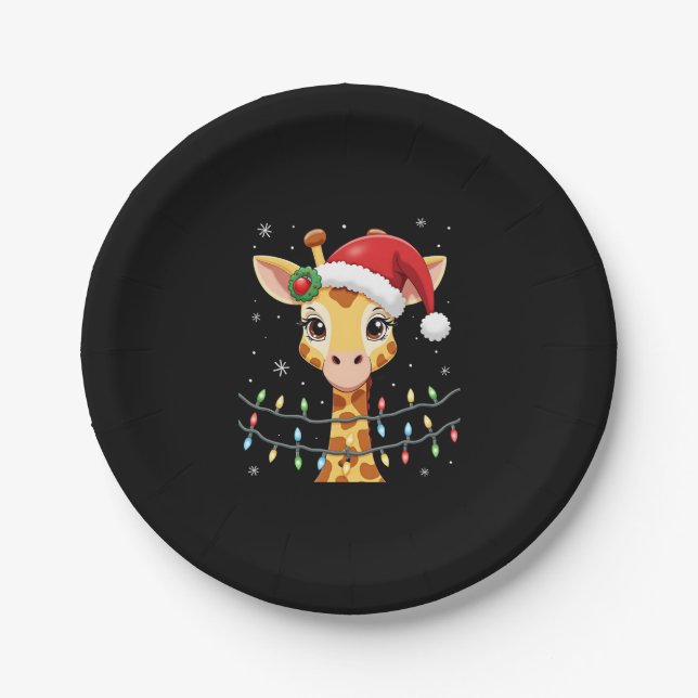 Cute Giraffe Christmas Lights Santa Hat Xmas Pajam Paper Plate (Front)