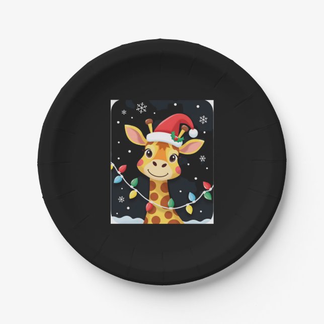 Cute Giraffe Christmas Lights Santa Hat Xmas Pajam Paper Plate (Front)