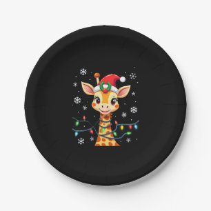 Cute Giraffe Christmas Lights Santa Hat Xmas Pajam Paper Plate