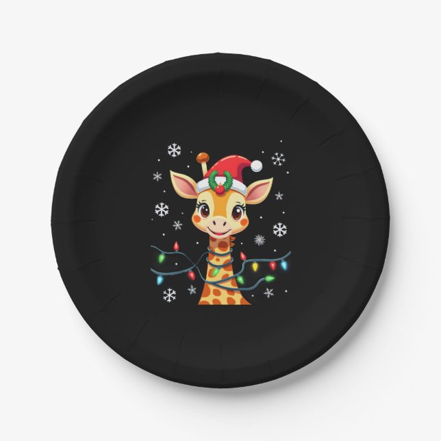 Cute Giraffe Christmas Lights Santa Hat Xmas Pajam Paper Plate (Front)