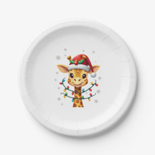 Cute Giraffe Christmas Lights Santa Hat Xmas Pajam Paper Plate