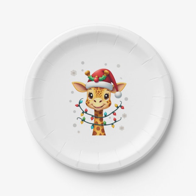 Cute Giraffe Christmas Lights Santa Hat Xmas Pajam Paper Plate (Front)