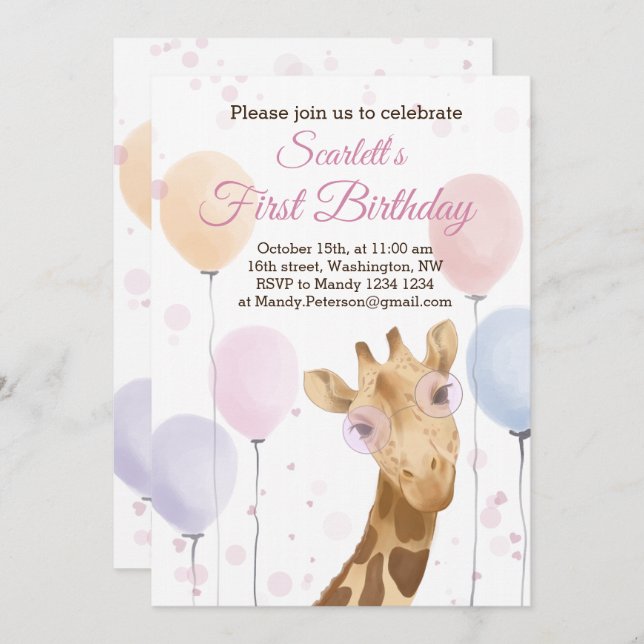 Cute Giraffe Colourful Balloon Girl 1th Birthday   Invitation (Front/Back)
