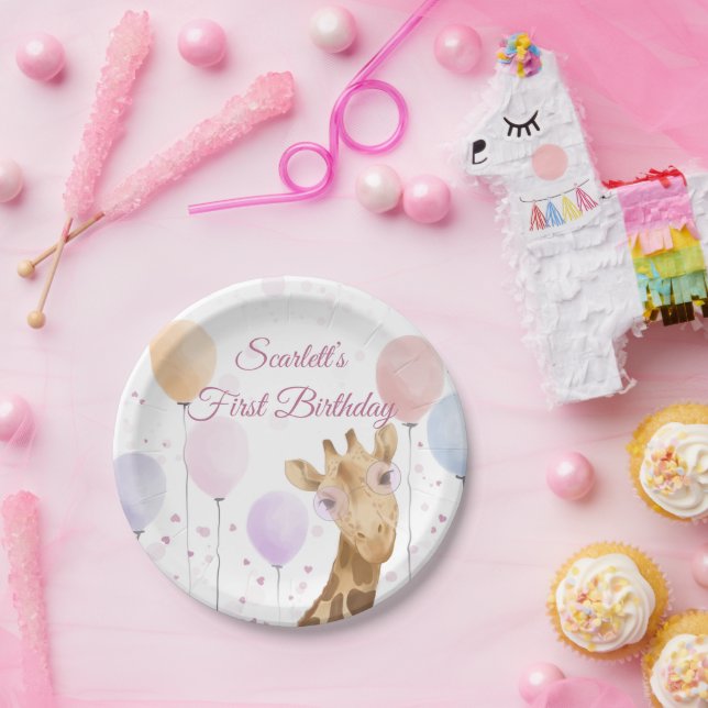 Cute Giraffe Colourful Balloon Girl 1th Birthday Paper Plate (Party)