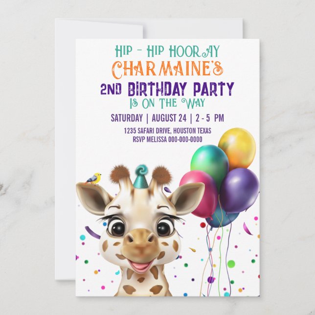 Cute Giraffe Colourful Confetti Kids Birthday Part Invitation (Front)