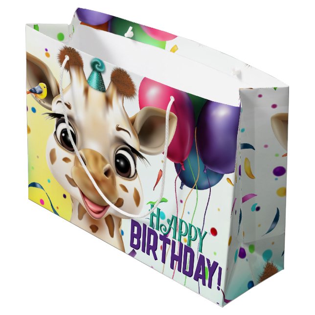Cute Giraffe Colourful Confetti Kids Birthday Part Large Gift Bag (Back Angled)