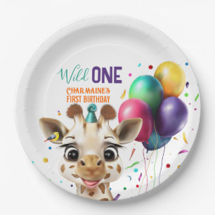 Cute Giraffe Colourful Confetti Kids Birthday Part Paper Plate