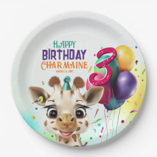 Cute Giraffe Colourful Confetti Kids Birthday Part Paper Plate