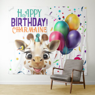 Cute Giraffe Colourful Confetti Kids Birthday Part Tapestry