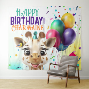 Cute Giraffe Colourful Confetti Kids Birthday Part Tapestry