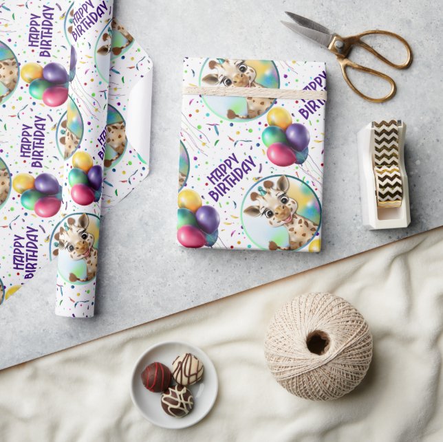 Cute Giraffe Colourful Confetti Kids Birthday Part Wrapping Paper (Crafts)