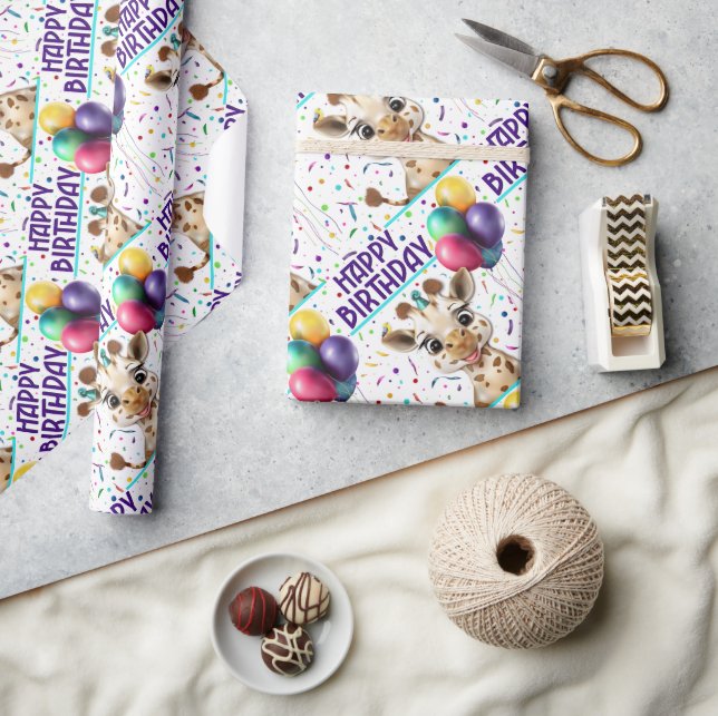 Cute Giraffe Colourful Confetti Kids Birthday Part Wrapping Paper (Crafts)