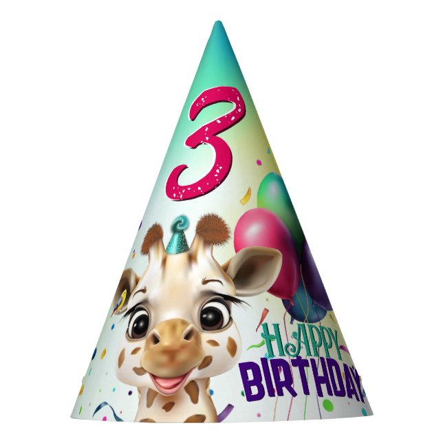 Cute Giraffe Colourful Confetti Kids Birthday Party Hat (Front)