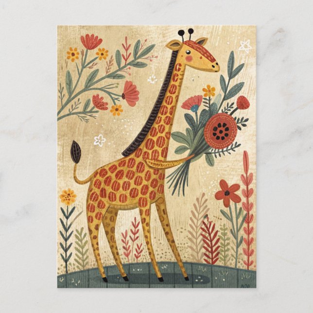 Cute giraffe congratulations folk art style postcard (Front)