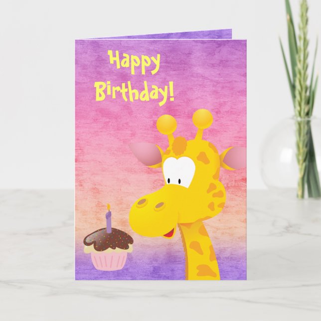 Cute Giraffe & Cupcake Happy Birthday Card (Front)
