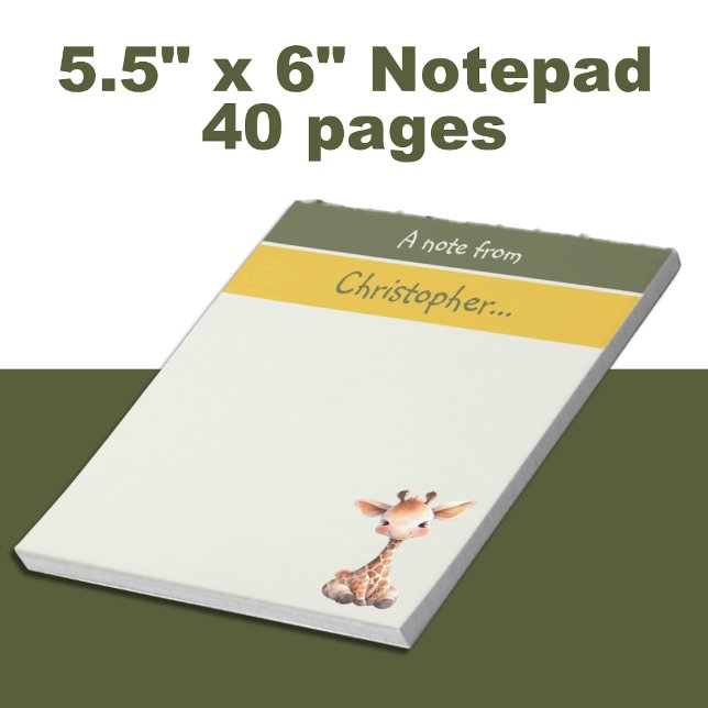 Cute giraffe custom name green kids notepad (Creator Uploaded)