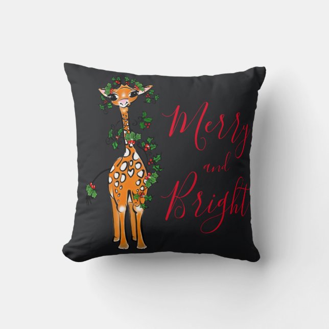 Cute Giraffe drawing, festive red green garland Cushion (Front)