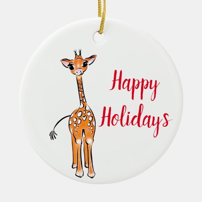 Cute Giraffe drawing, happy holiday’s Ceramic Tree Decoration (Front)