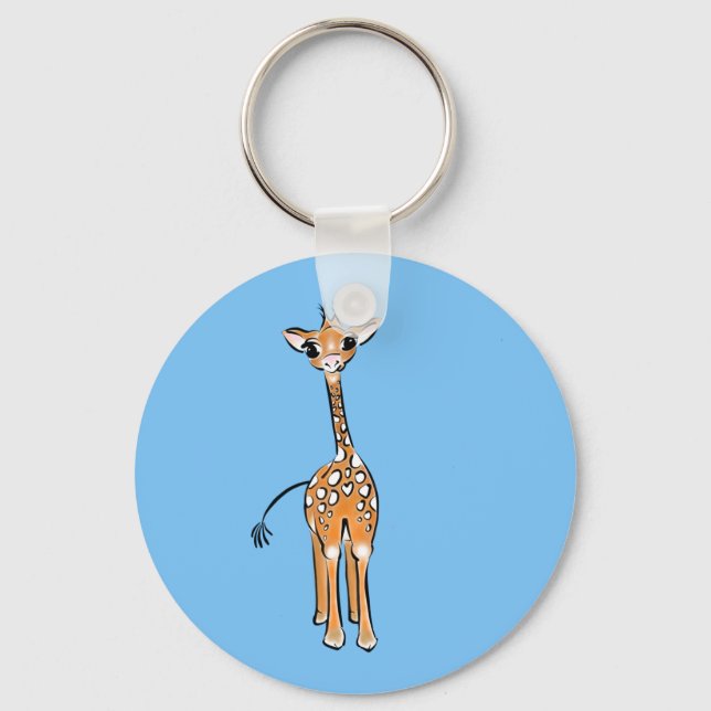 Cute Giraffe drawing safari animals blue Key Ring (Front)