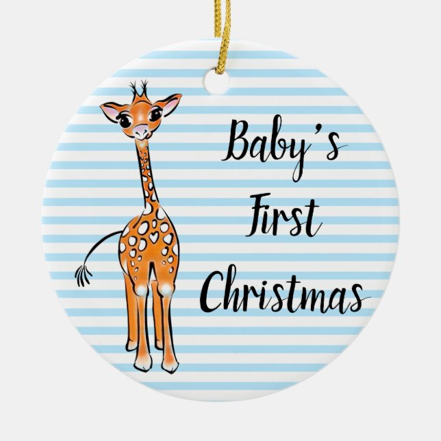 Cute giraffe drawing, safari animals, blue stripes ceramic tree decoration (Front)
