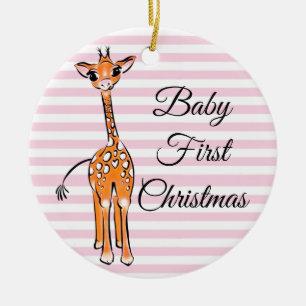Cute giraffe drawing, safari animals, pink stripes ceramic tree decoration