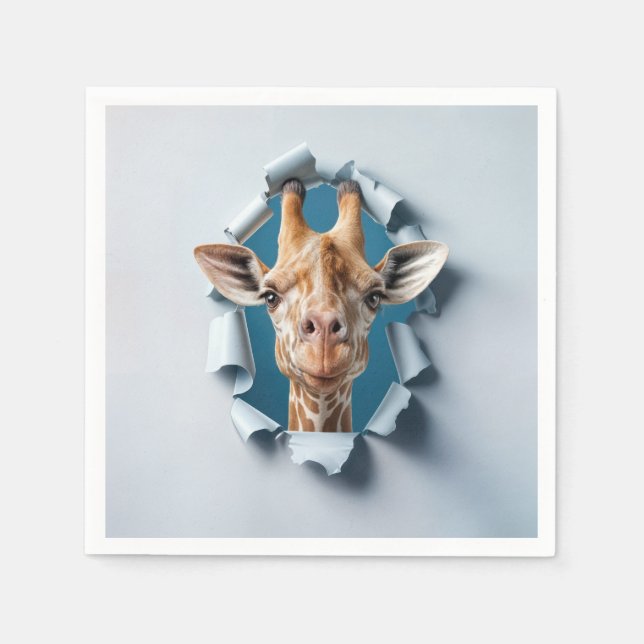 Cute Giraffe Emerging From a Paper Hole Napkin (Front)