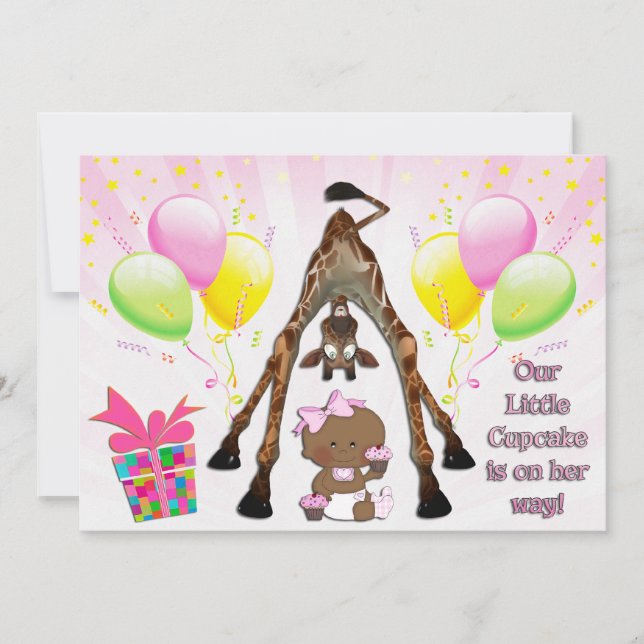 Cute Giraffe Ethnic Baby Girl Cupcakes Baby Shower Invitation (Front)
