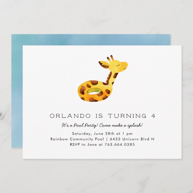 Cute Giraffe Floatie Pool Birthday Party Invitation (Front/Back)