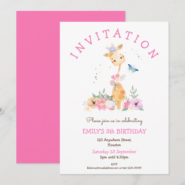 Cute Giraffe Floral Girls 5th Birthday Party Invitation (Front/Back)