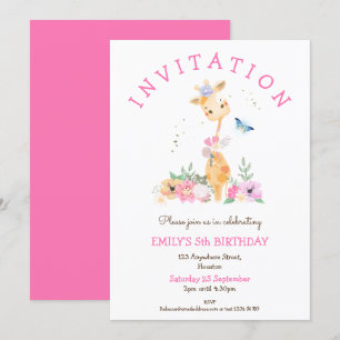 Cute Giraffe Floral Girls 5th Birthday Party Invitation