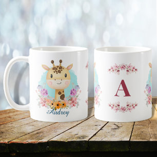 Cute Giraffe Floral Themed Monogram Personalised Coffee Mug