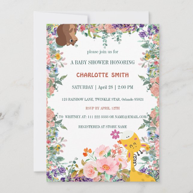 Cute giraffe flower gradient flora baby shower invitation (Front)