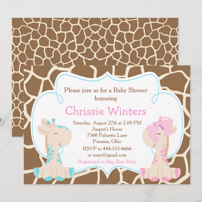 Cute Giraffe Gender Reveal or Twins Baby Shower Invitation (Front/Back)