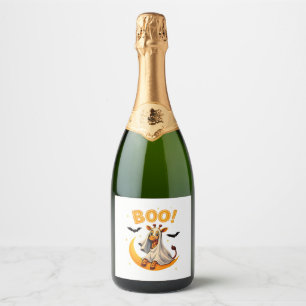 Cute Giraffe Ghost on Moon � Funny Halloween Boo D Sparkling Wine Label