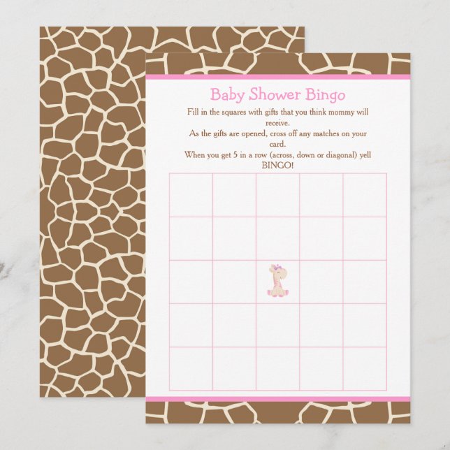 Cute Giraffe Girl Pink Baby Shower Bingo Invitation (Front/Back)
