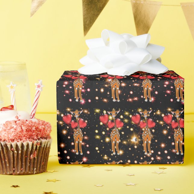 Cute giraffe, glitter sparkle heart balloons   wra wrapping paper (Birthday Party)