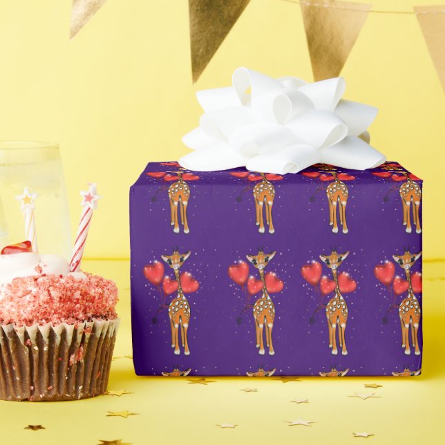 Cute giraffe, glitter sparkle heart balloons   wrapping paper (Birthday Party)