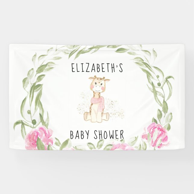 Cute Giraffe Gold Foil Glitter Baby Girl Shower Banner (Horizontal)