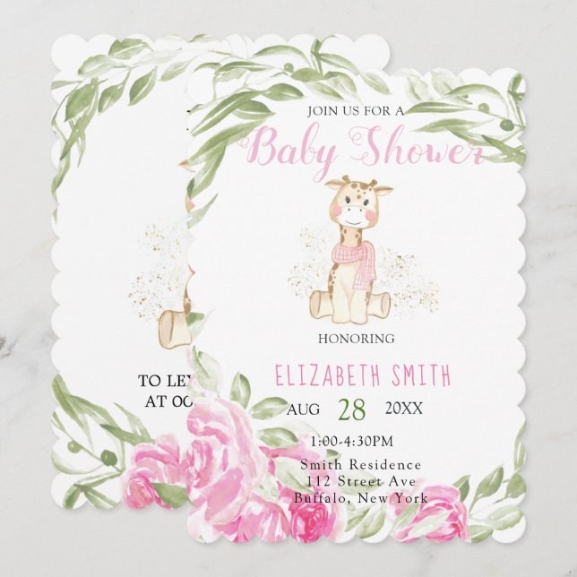 Cute Giraffe Gold Foil Glitter Baby Girl Shower Invitation (Front/Back)