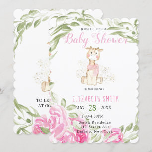 Cute Giraffe Gold Foil Glitter Baby Girl Shower Invitation