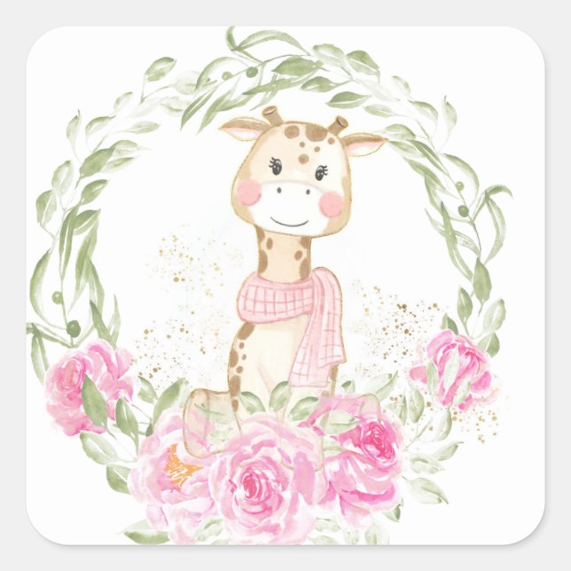 Cute Giraffe Gold Glitter Baby Girl Shower Square Sticker (Front)