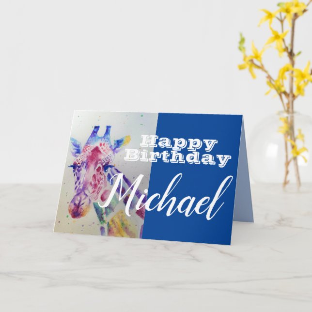 Cute Giraffe Happy Birthday Boys childs Name Card (Yellow Flower)