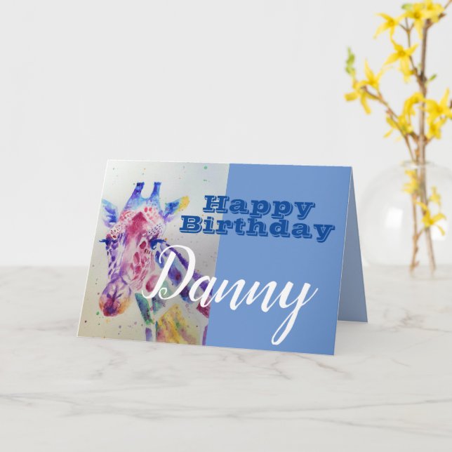 Cute Giraffe Happy Birthday Boys childs Name Card (Yellow Flower)