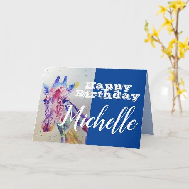 Cute Giraffe Happy Birthday Girls childs Name Card (Yellow Flower)