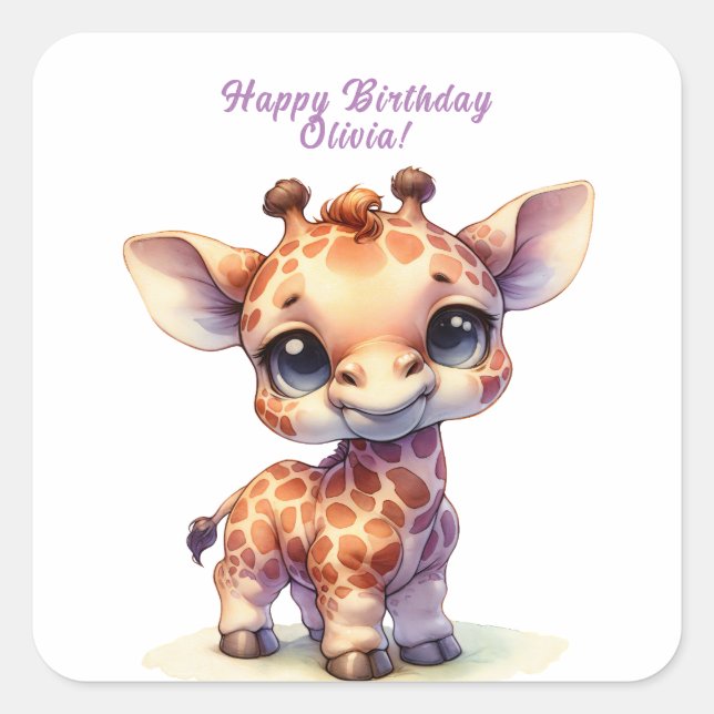 Cute giraffe happy birthday square sticker (Front)