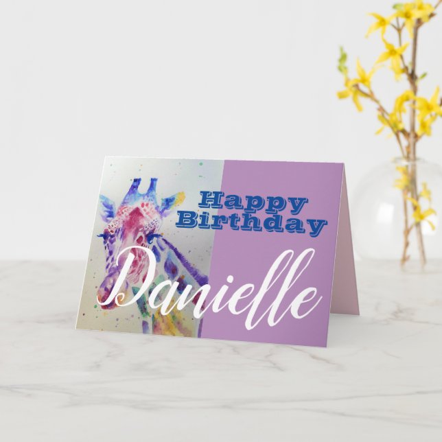 Cute Giraffe Happy Birthday Womans Name Card (Yellow Flower)
