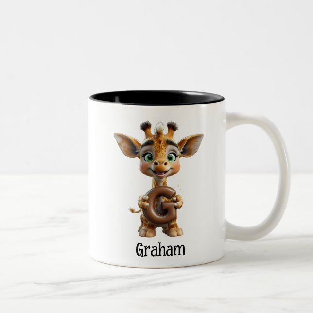 Cute Giraffe Holding Letter G Two-Tone Coffee Mug (Right)