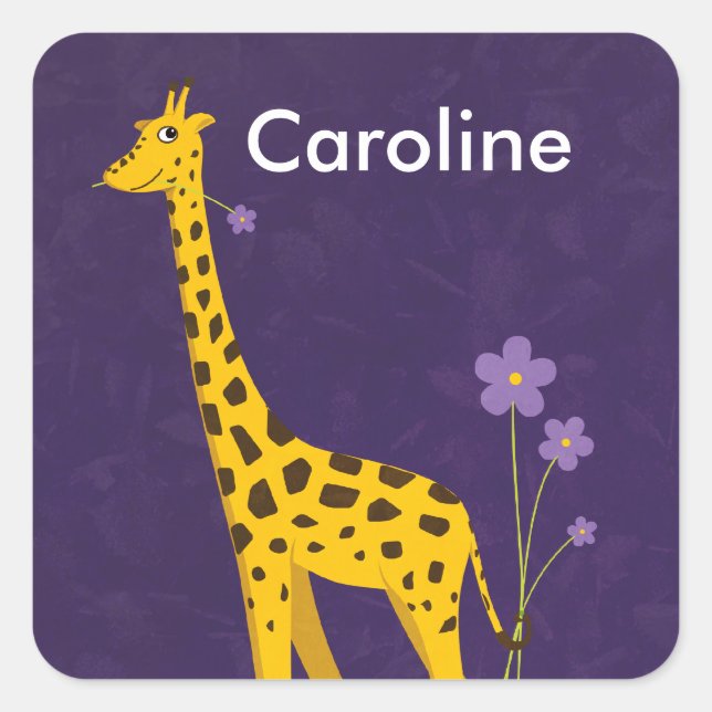 Cute Giraffe Holding Purple Flowers Customisable Square Sticker (Front)
