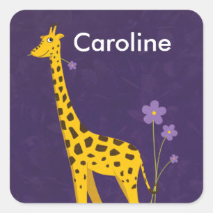 Cute Giraffe Holding Purple Flowers Customisable Square Sticker